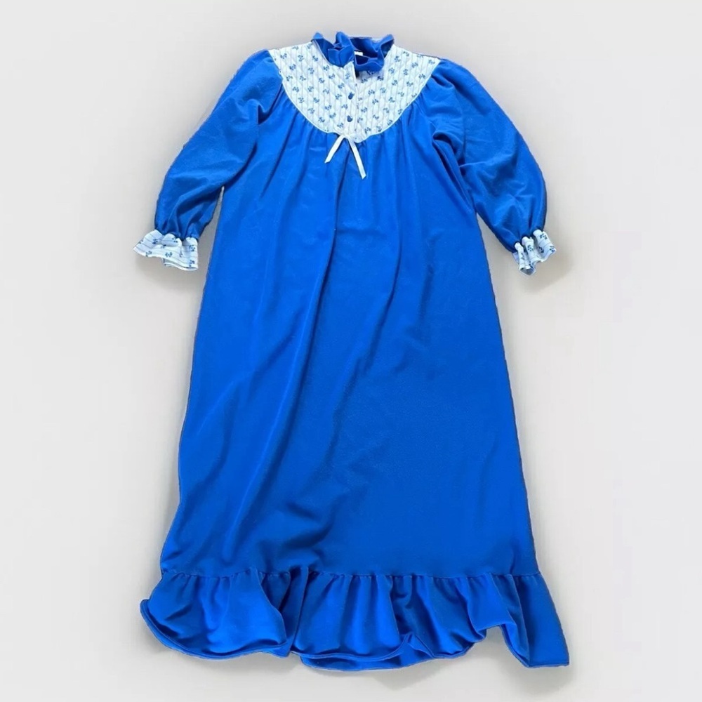 Vintage 1970s Feather Bed Intimates Blue & White Bows Granny Night Gown Pyjamas‌